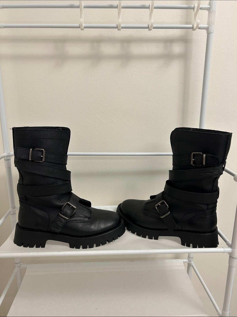 Steve Madden Black Buckle-Strap Lug Combat Boots